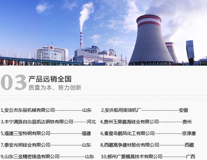 1,安丘市東辰機械有限公司--------------山東       2,安慶船用柴油機廠-------------------安徽
3,豐寧滿族自治縣凱達鋼鐵有限公司-------河北   4,貴州玉屏鑫海硅業有限公司------------貴州
5,福建三寶特鋼有限公司----------------福建       6,秦皇島鶴鳳化工有限公司--------------京津唐
7,泰安光明硅業有限公司----------------山東       8,西藏高爭建材股份有限公司-------------西藏
9,山東三金精密鑄造有限公司-------------山東     10,柳州廣菱模具技術有限公司------------廣西